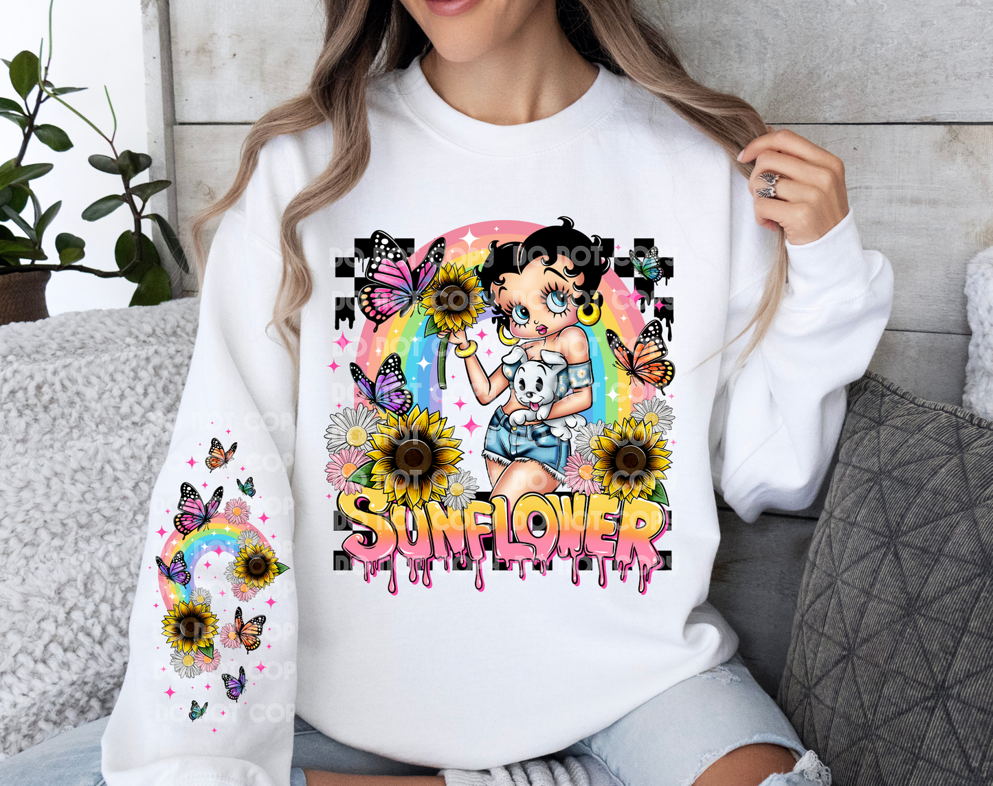 Betty Boop Sunflower Checkered DTF Transfer (Sleeve must be purchased separately)